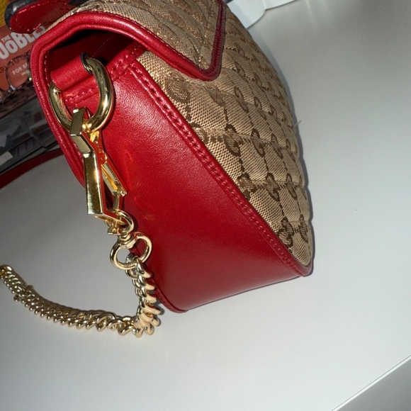 Authentic Gucci GG Marmont Mini Top Handle Bag - GG Supreme Canvas Red Leather G - Picture 4 of 8